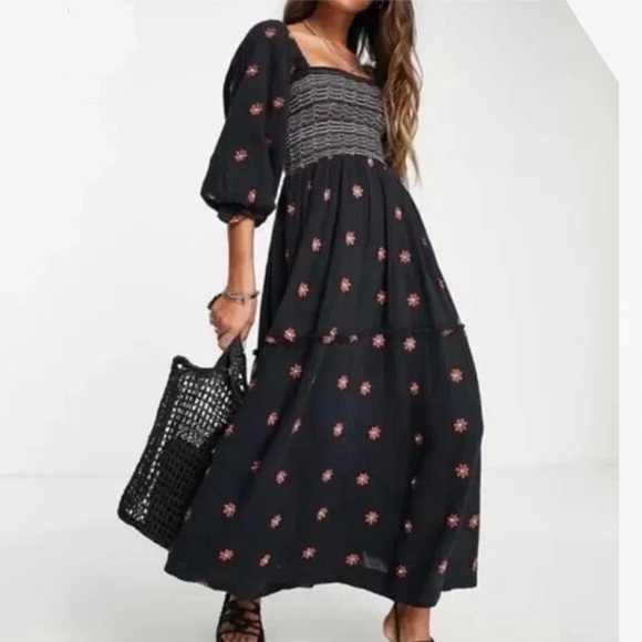 Free People Dresses & Skirts - Free People Small Dahlia Black Floral Smocked Midi Maxi Dress ~ Boho Peasant